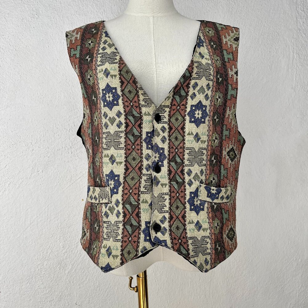 Vintage 90s Tapestry Waistcoat Vest Aztec Southwestern Tribal Pattern Men's XL - Picture 16 of 16